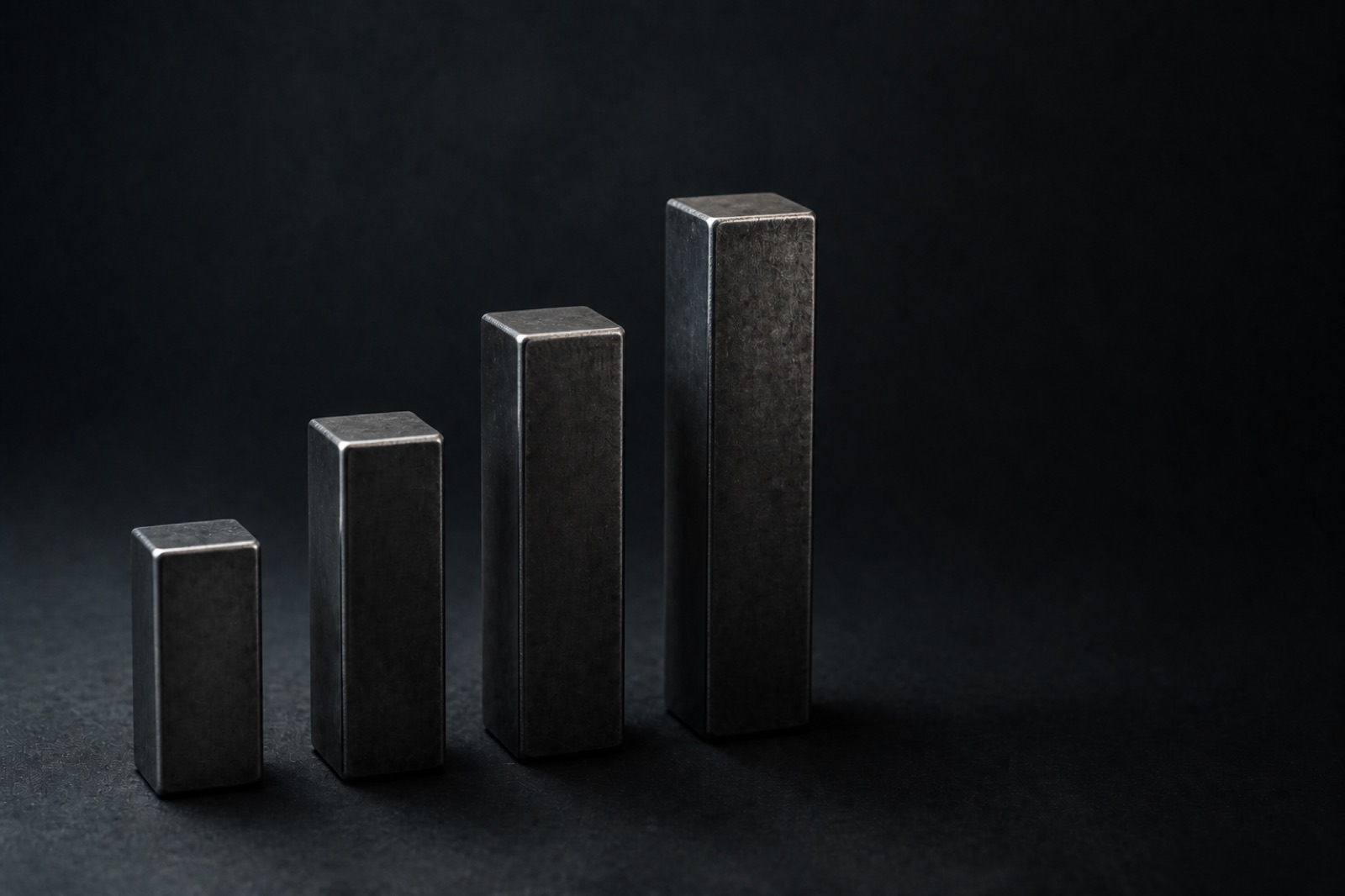 Four steel billets rising in height, a stand-in for release cadence after launch