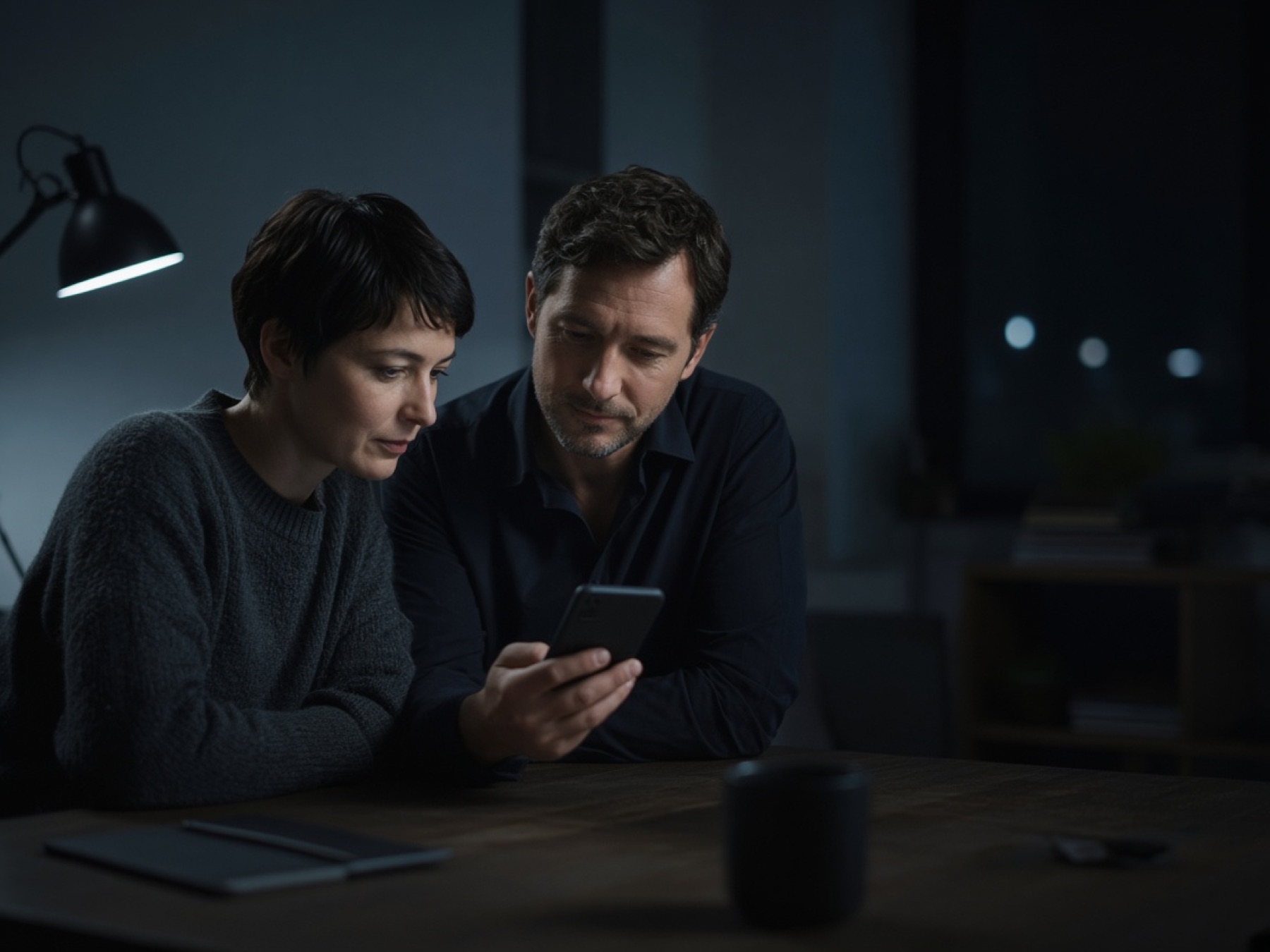 Two product leads reviewing a mobile app together in a quiet studio
