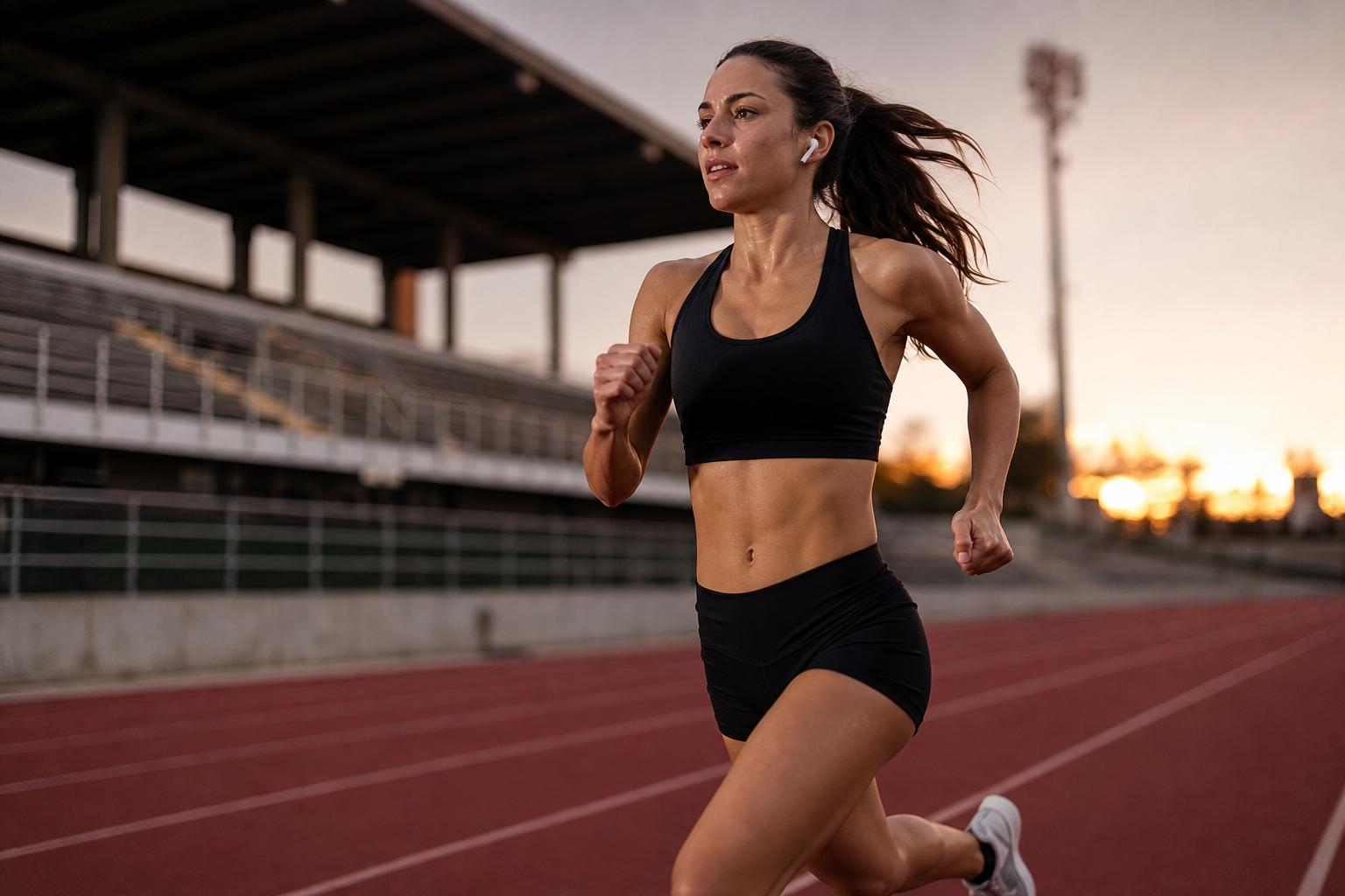 Athlete with earbuds during an outdoor run, RepBeats adaptive workout music