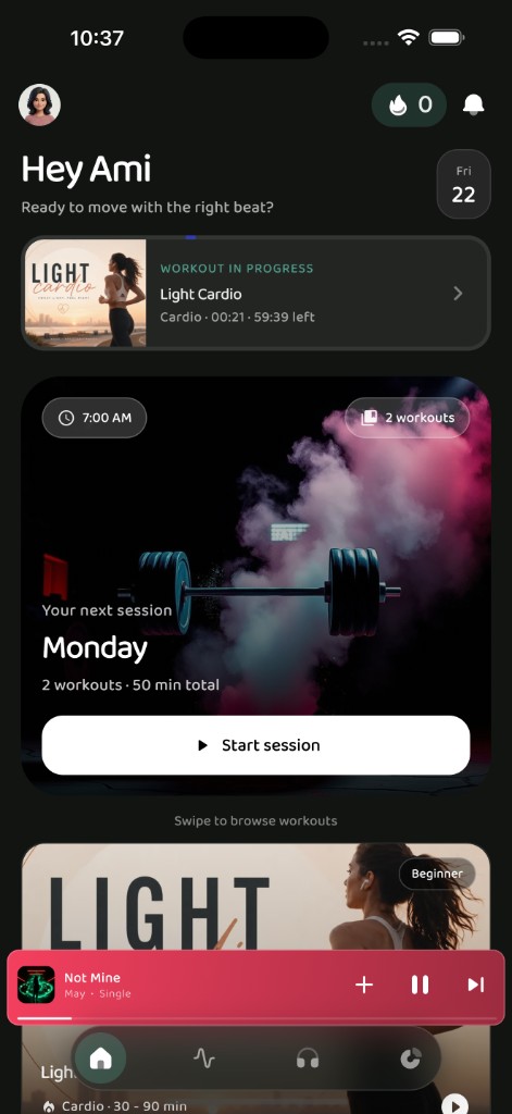 RepBeats workout progress with streaks and session history